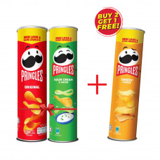 Pringles Potato Chips 147gm Buy 2 Get 1 Free Offer: Original, Sour Cream & Onion, Cheesy Cheese Flavors